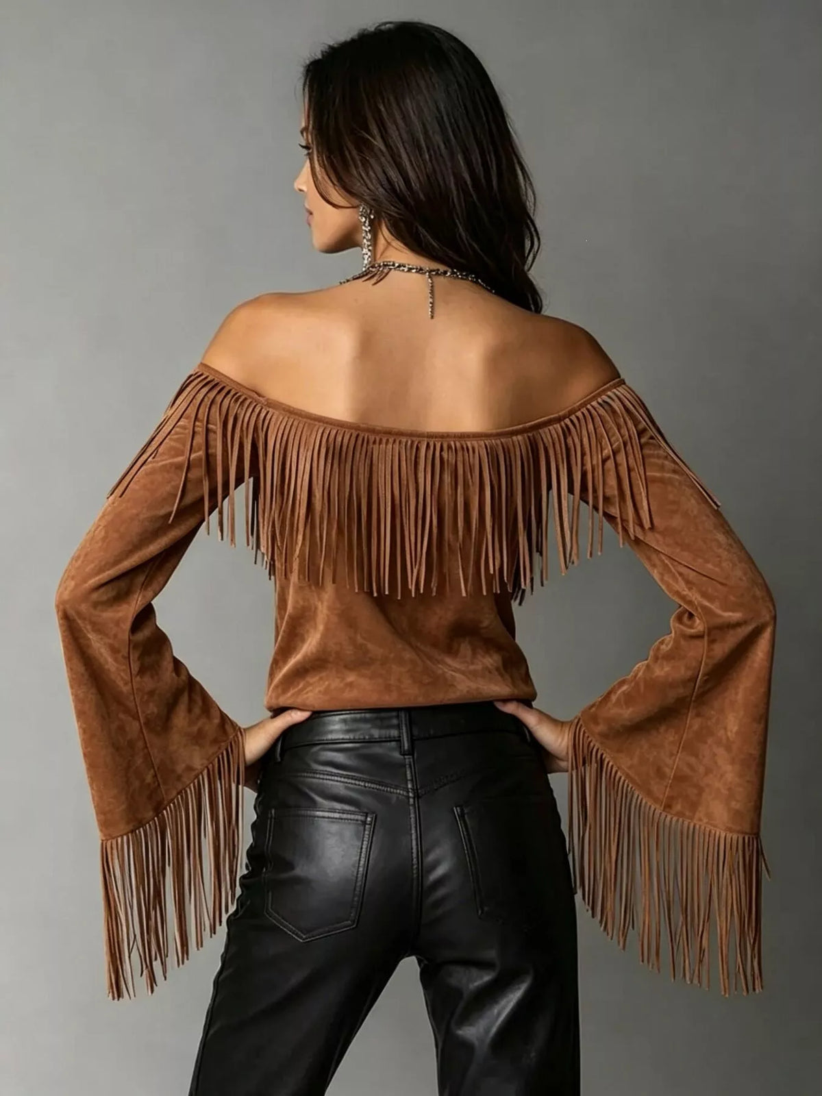 Full Size Fringed Off-Shoulder Flare Sleeve Top Plus Size - Lilixa.store