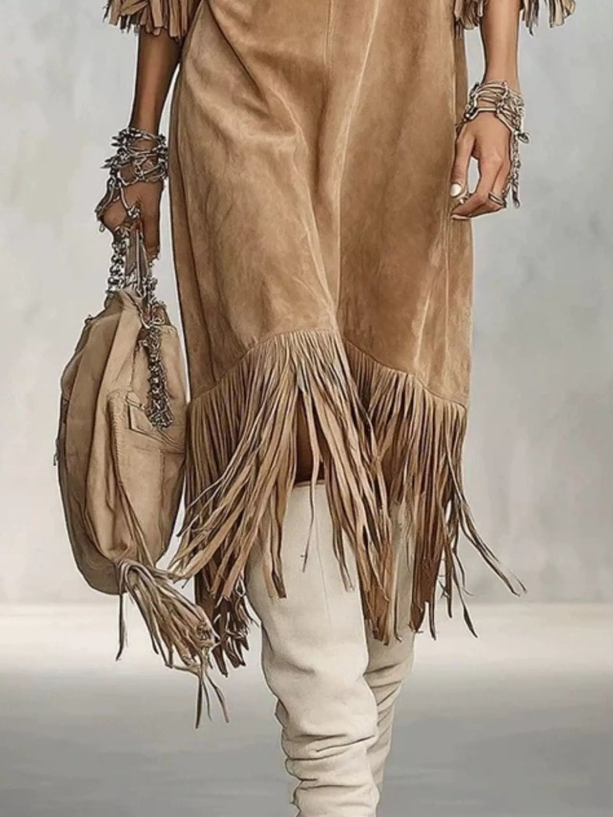 Fringed Round Neck Midi Dress - Lilixa.store