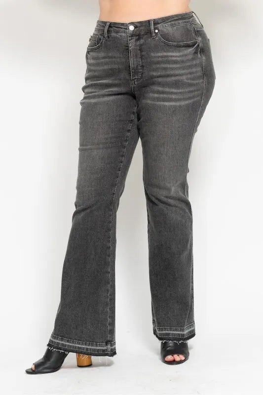 Judy Blue Full Size Mid Rise Tummy Control Washed Gray Release Hem Flare Jeans Plus Size - Lilixa.store
