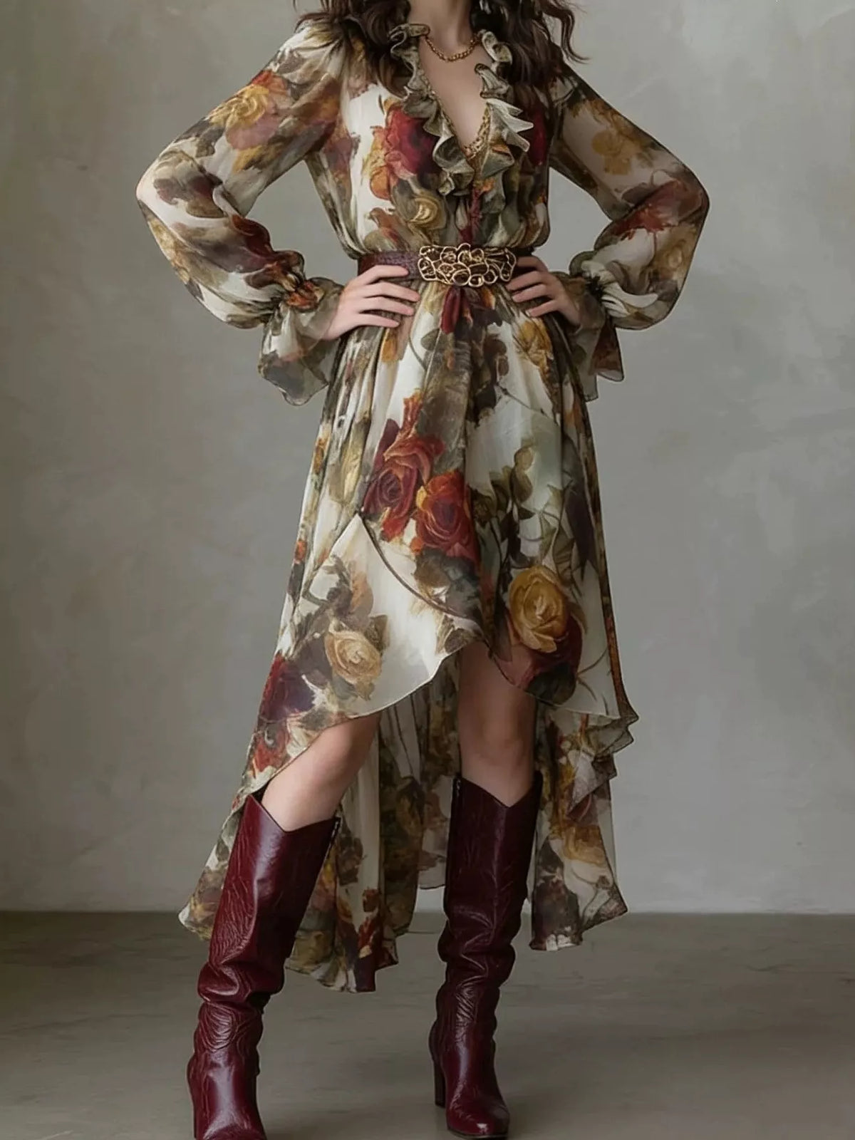 Floral Print Ruffle Trim High-Low Chiffon Maxi Dress - Lilixa.store