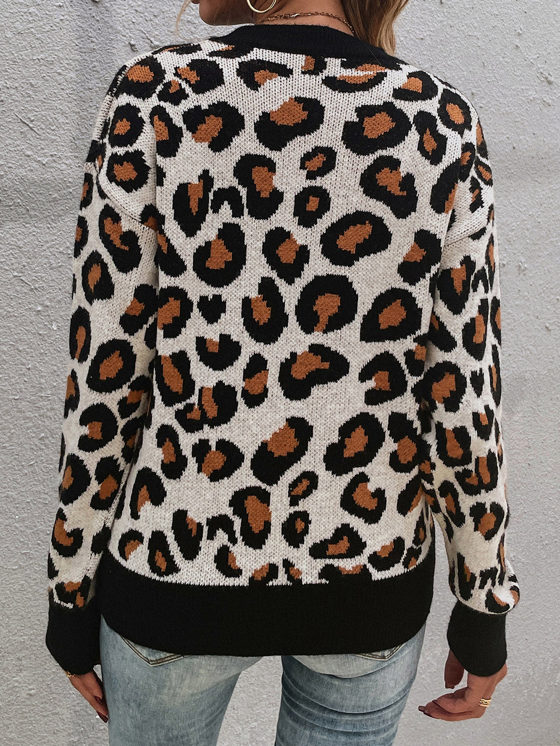 Leopard Round Neck Dropped Shoulder Sweater, view 4
