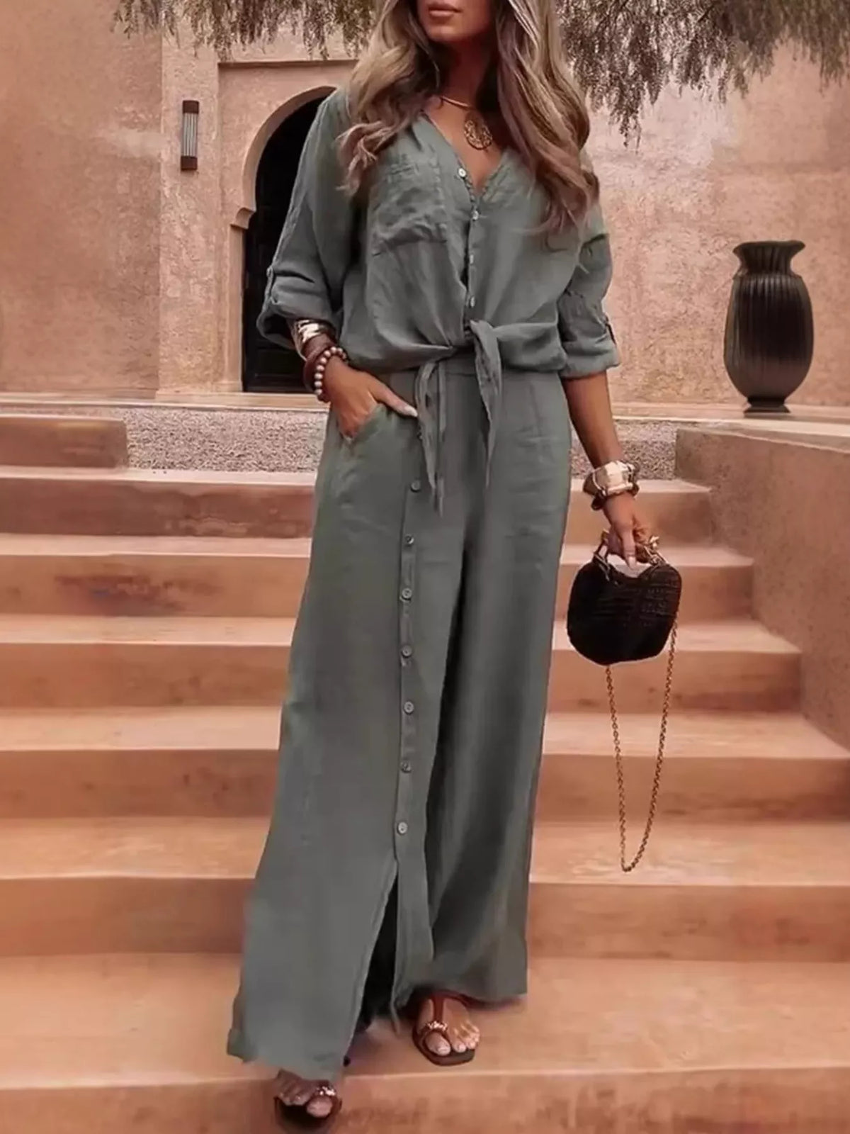 Full Size Tie-Front Shirt and Button-Down Wide-Leg Pants Set Plus Size in Dark Gray