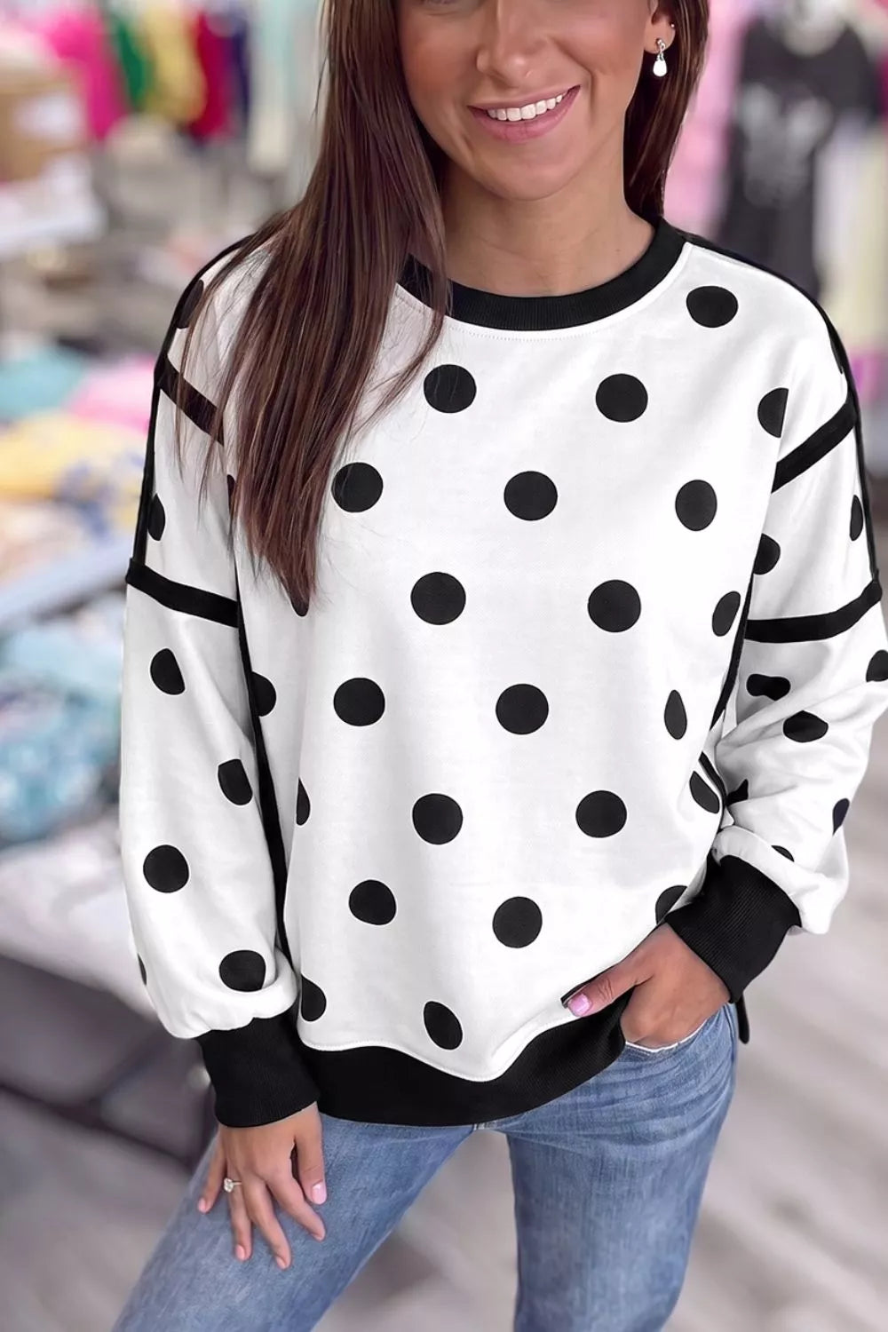 Polka Dot Crew Neck Sweatshirt - Lilixa.store