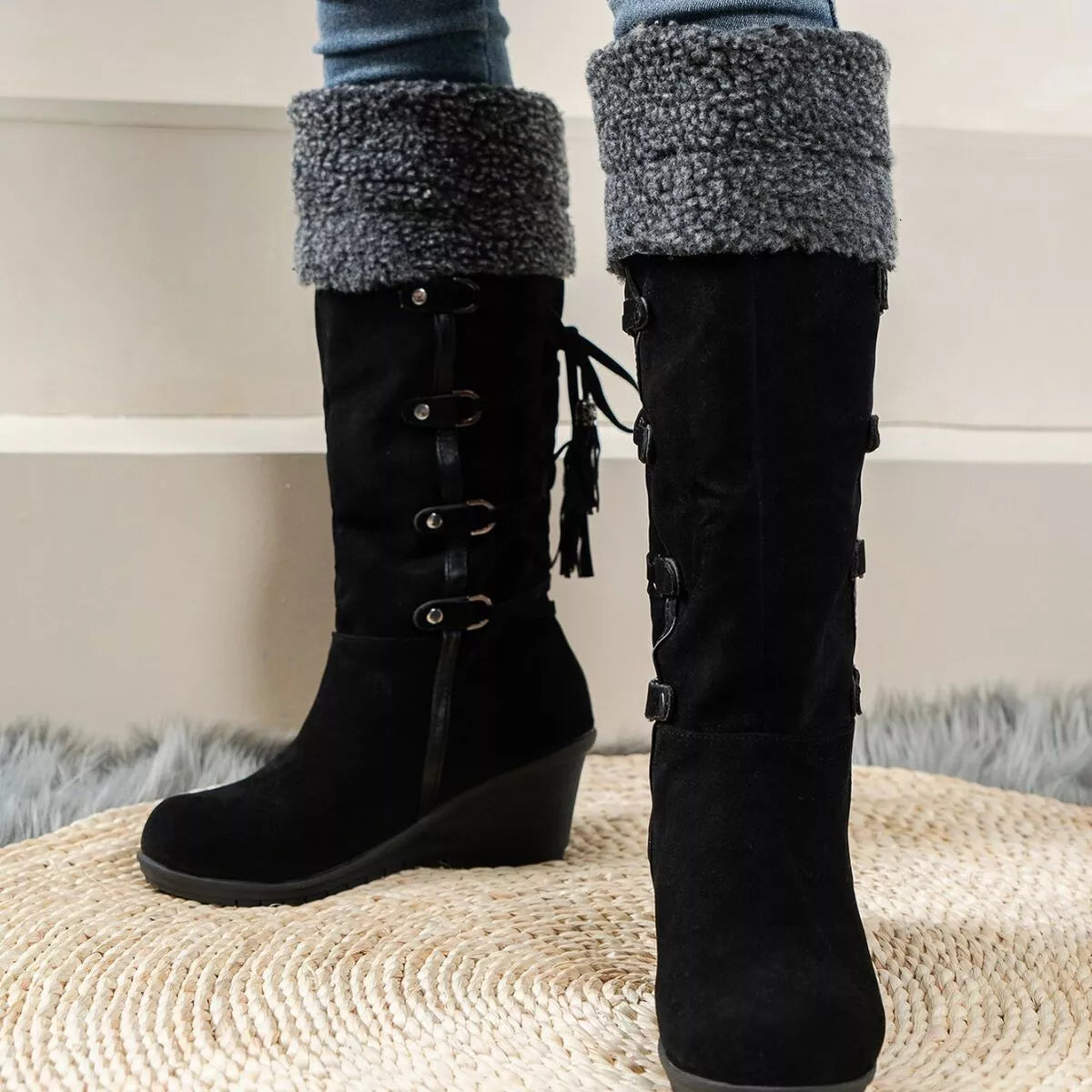 Faux Fur Lined Suede Wedge Boots with Lace-Up Detail, view 4