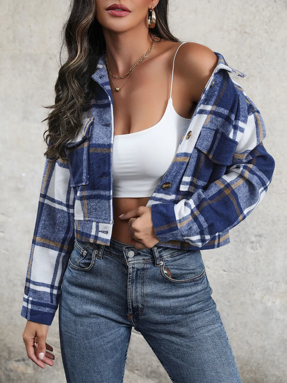 Perfee Plaid Button Up Drop Shoulder Cropped Jacket, view 8