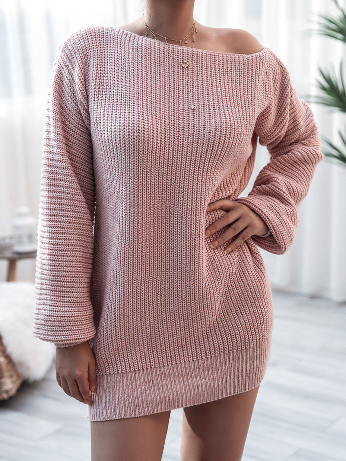 Rib-Knit Mini Sweater Dress in Dusty Pink