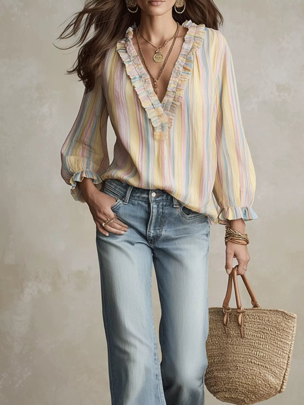 Striped Ruffle-Trim V-Neck Blouse - Lilixa.store