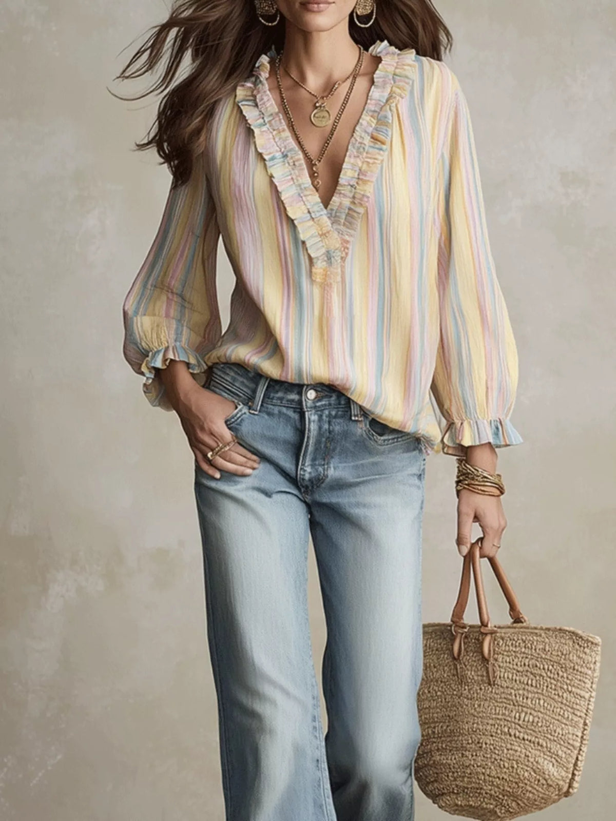 Striped Ruffle-Trim V-Neck Blouse - Lilixa.store