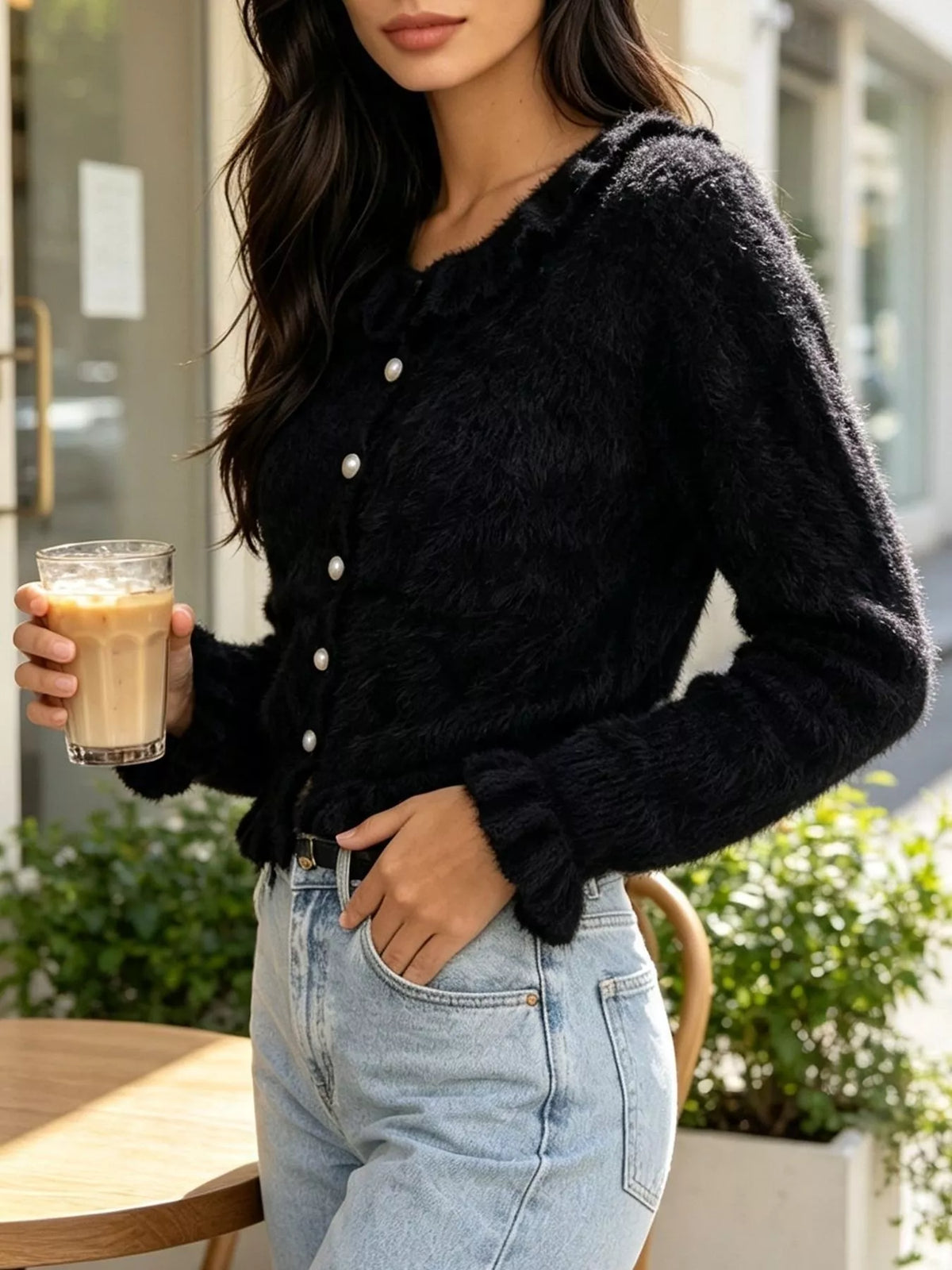 Soft Fuzzy Cardigan with Ruffled Collar and Pearl Buttons, view 21