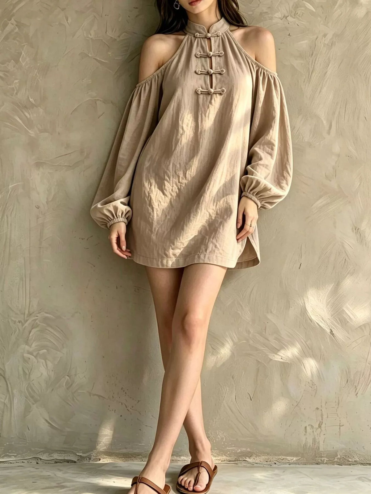 Cold-Shoulder Balloon Sleeve Mini Dress - Lilixa.store