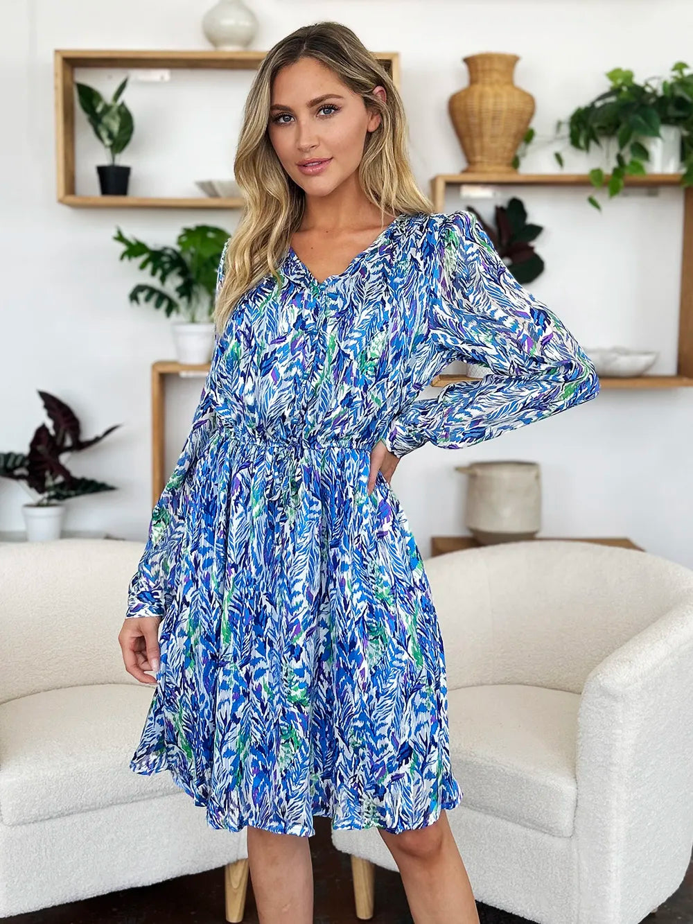 Double Take Full Size Printed Drawstring Waist Long Sleeve Dress - Lilixa.store