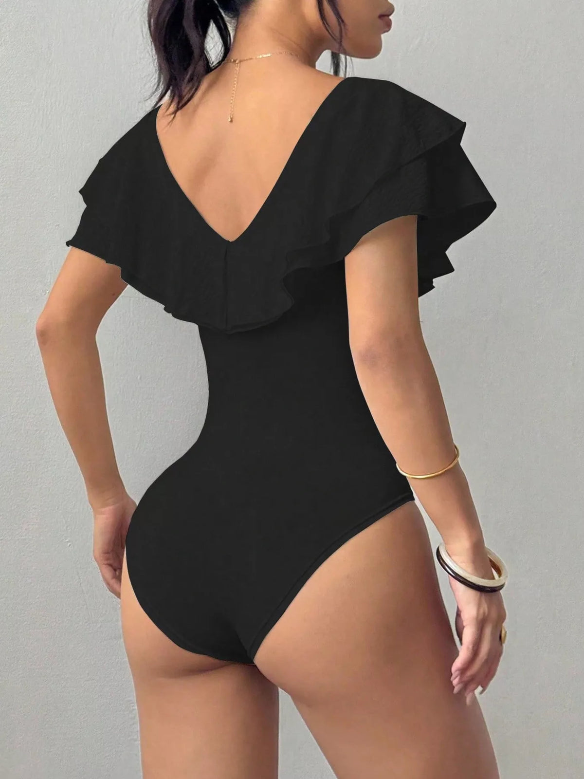 Ruffle Trim V-Neck Bodysuit - Lilixa.store