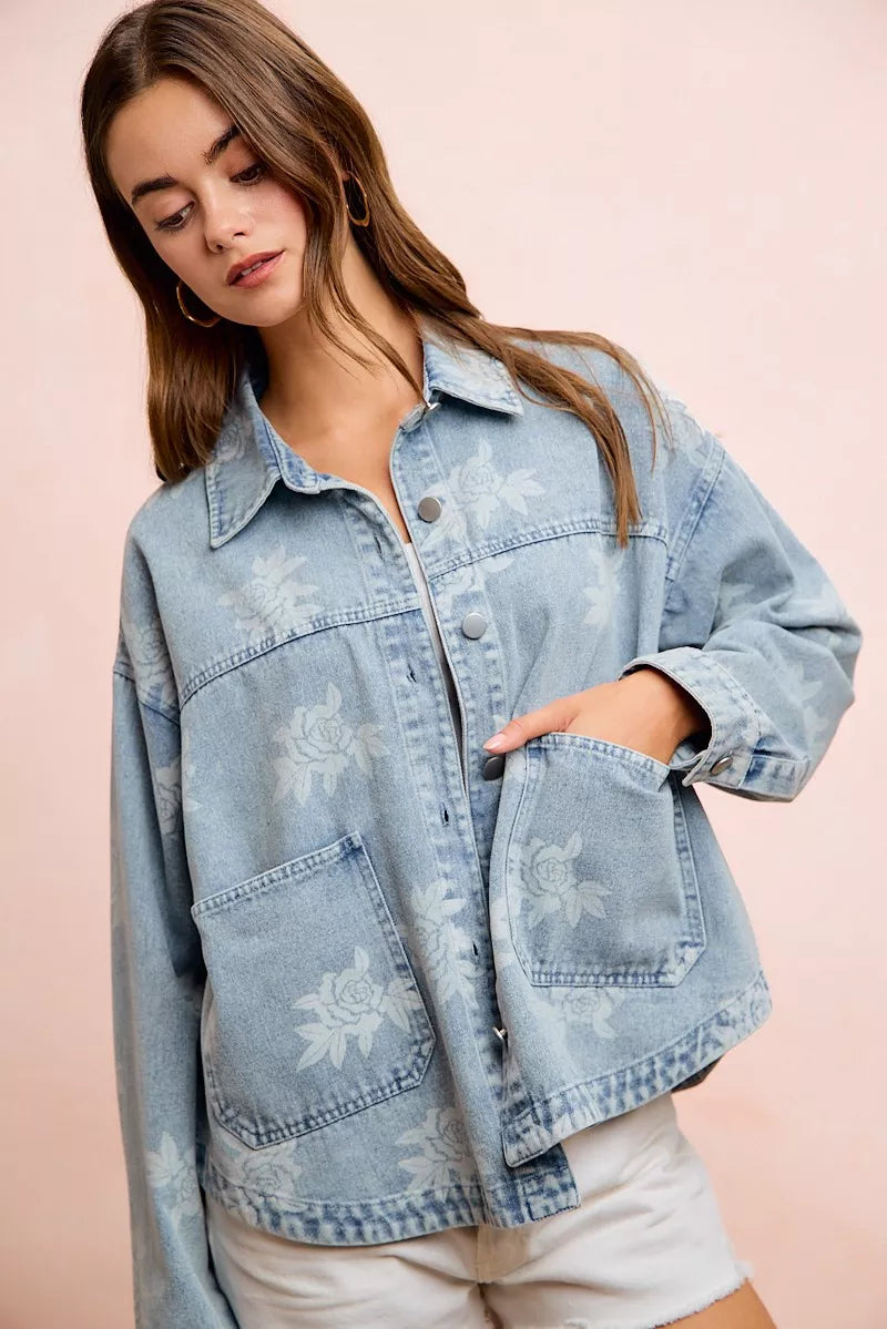 BiBi Printed Washed Denim Jacket With Pocket, view 8