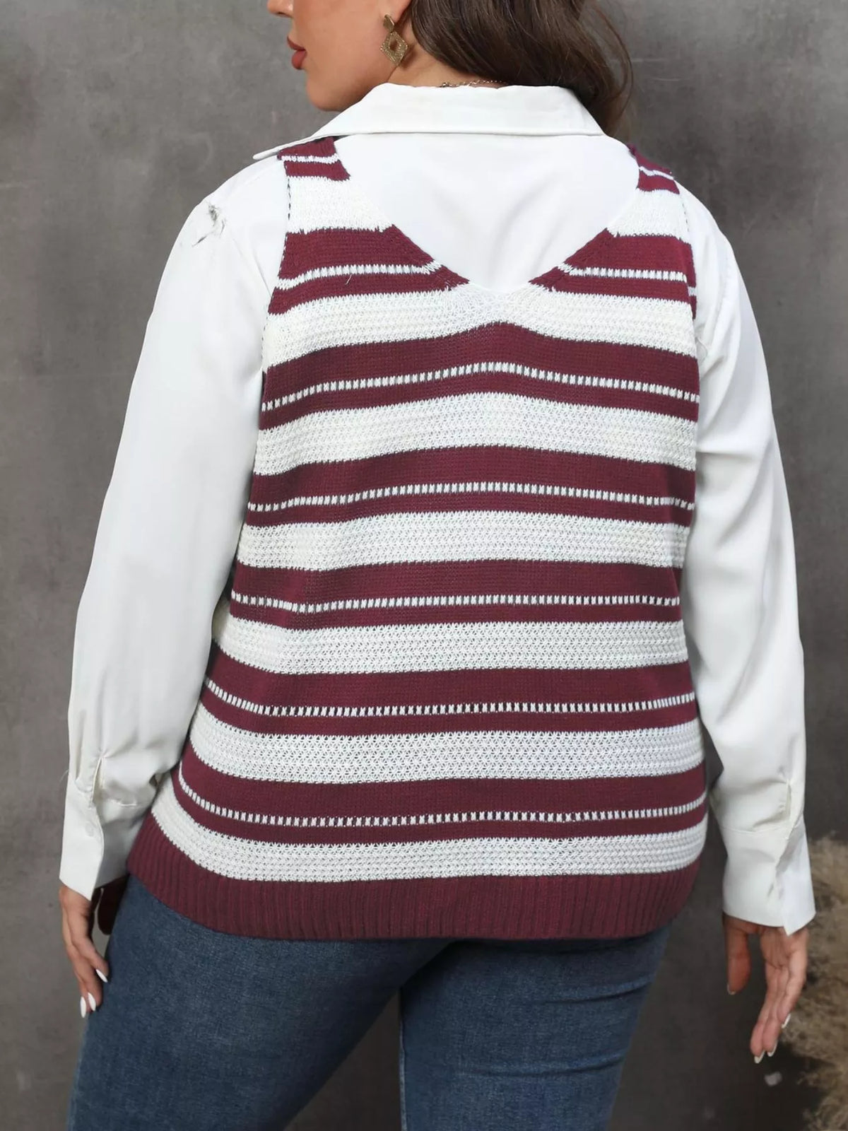 Plus Size Striped V-Neck Knit Sweater Vest - Lilixa.store