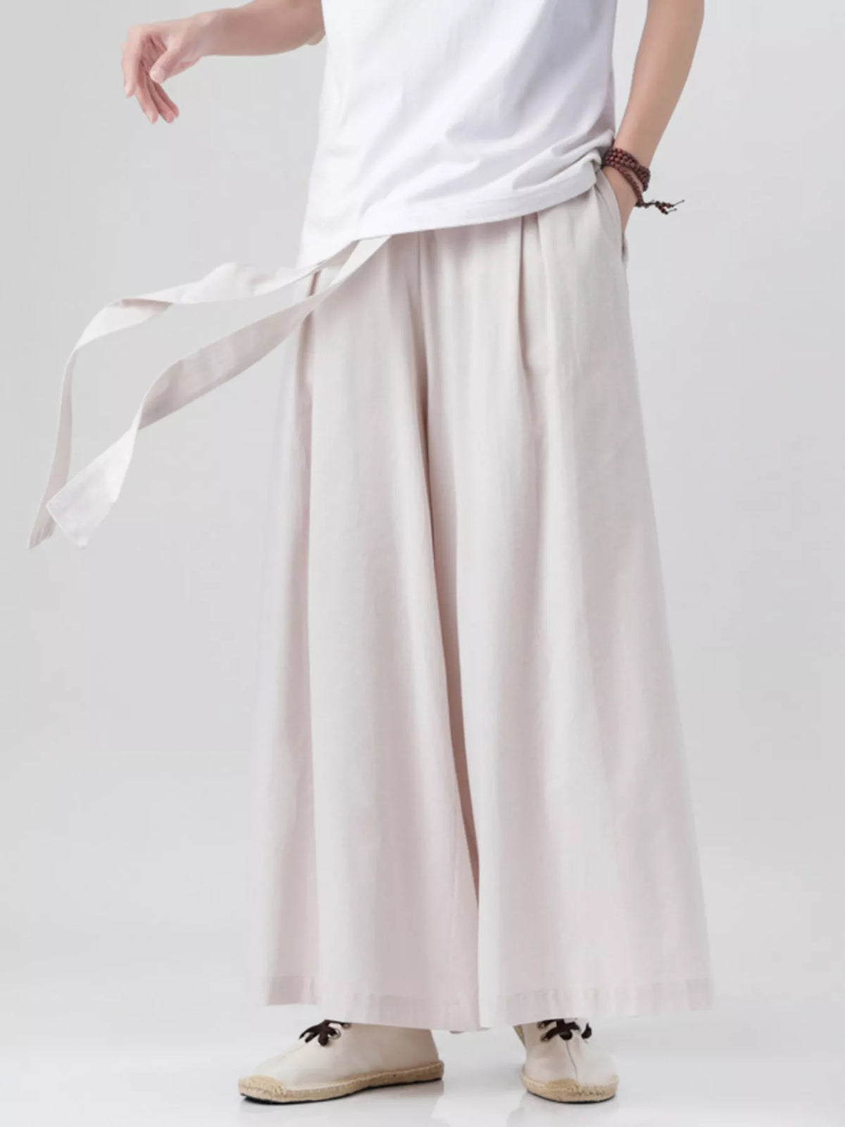 Men's Plus Size Wide Leg Pants with Tie Waist in Beige White