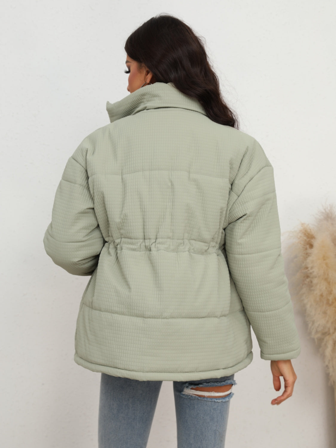 Drawstring Waist Zip-Up Puffer Jacket - Lilixa.store