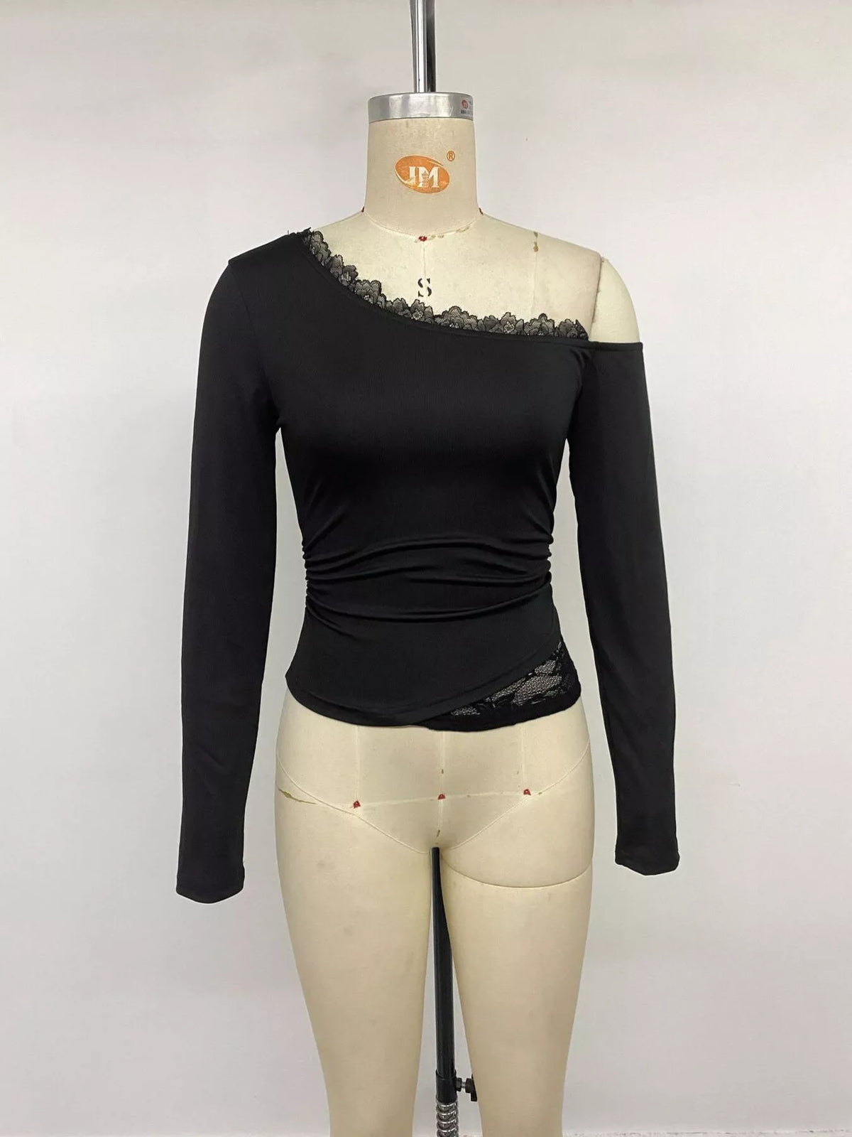One-Shoulder Lace Trim Slim Fit T-Shirt - Lilixa.store