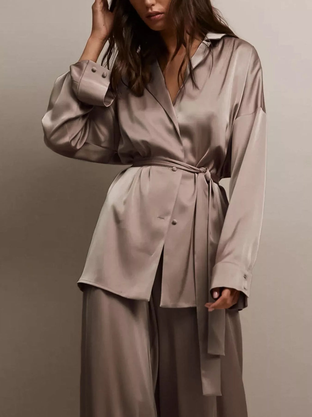 Satin Long Sleeve Shirt and Pants Set - Lilixa.store