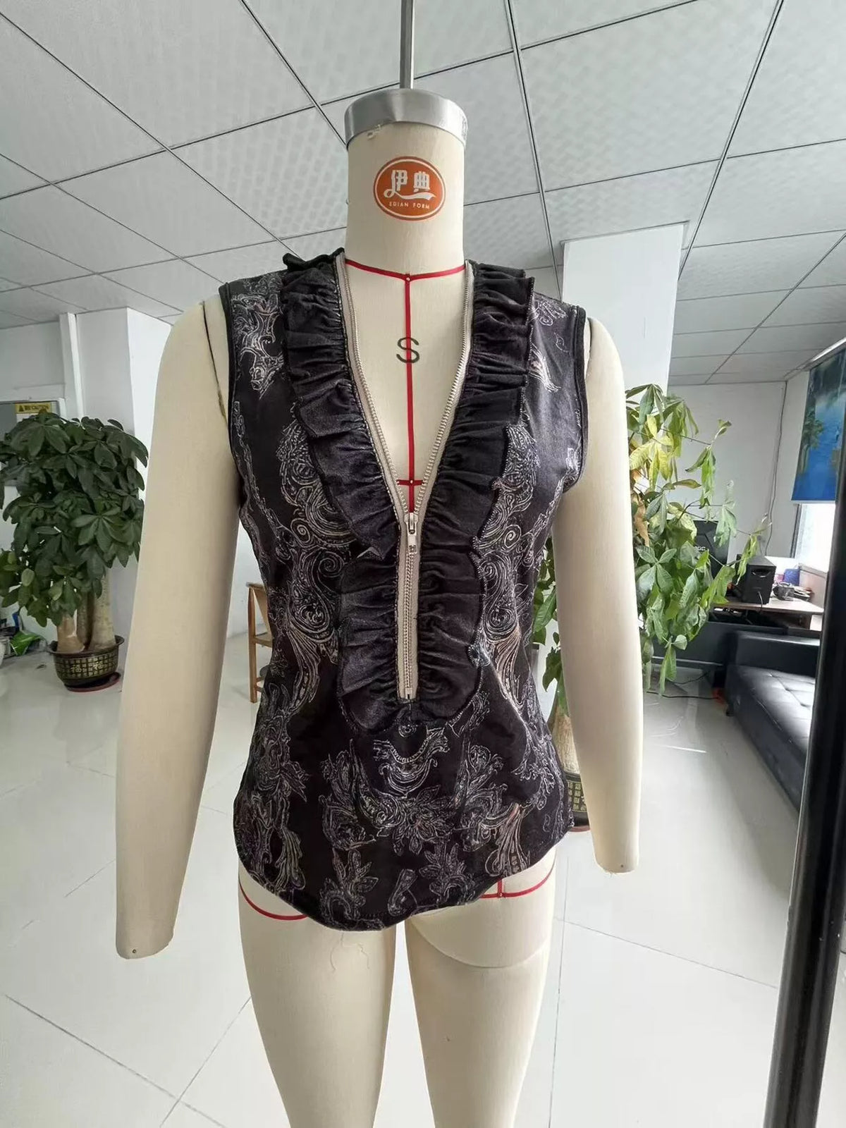 Full Size Paisley Print Ruffled Zip Front Tank Plus Size