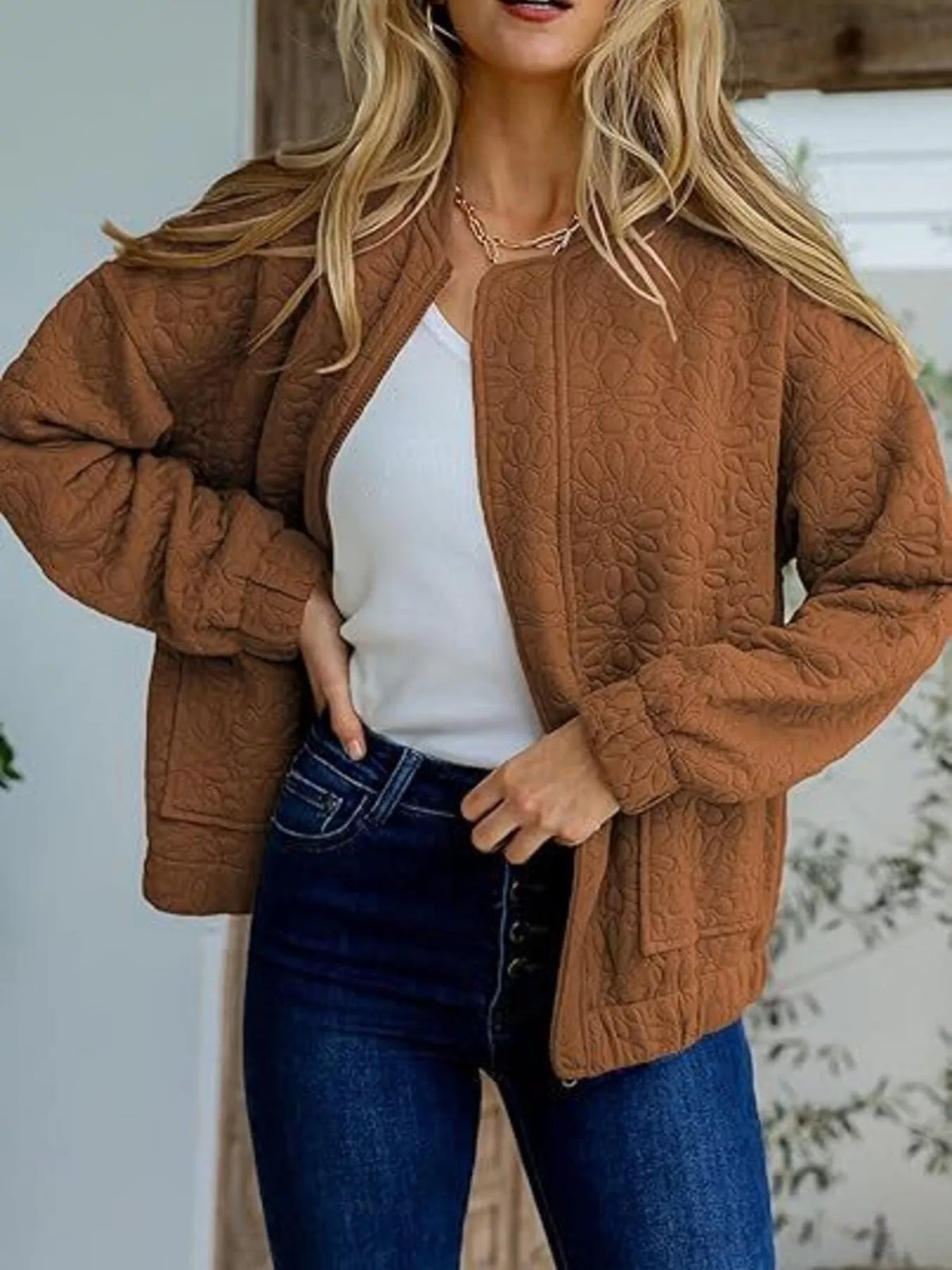 Floral Quilted Zip Up Jacket in Caramel