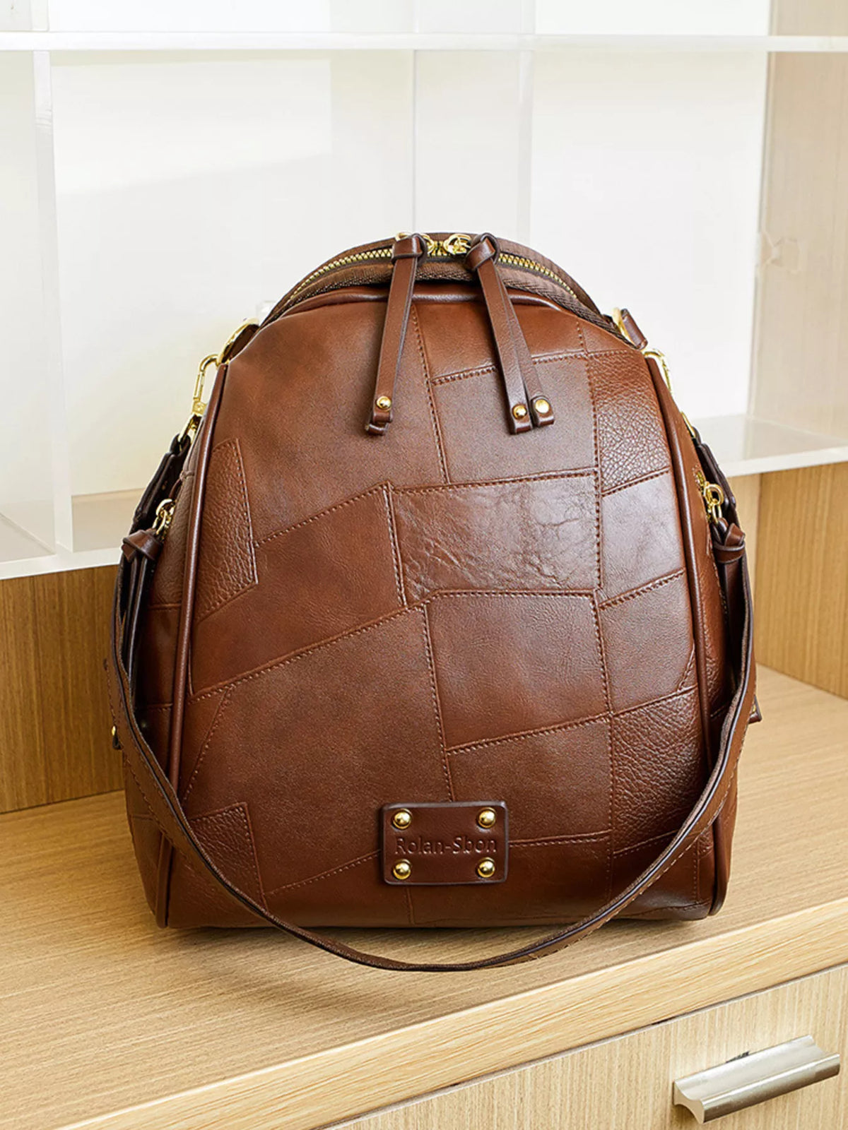 Patchwork Leather Convertible Backpack Bag in Brown, view 4