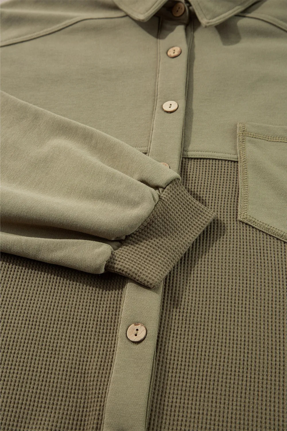 Waffle-Knit Collared Neck Long Sleeve Shacket in Moss, view 3