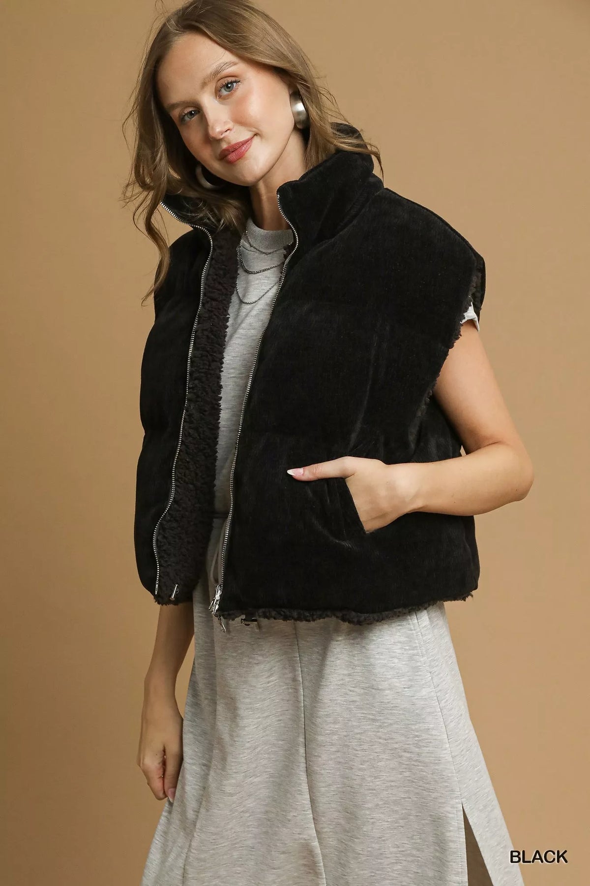 Umgee Sherpa-Lined Zip Vest with Drawstring Hem - Lilixa.store
