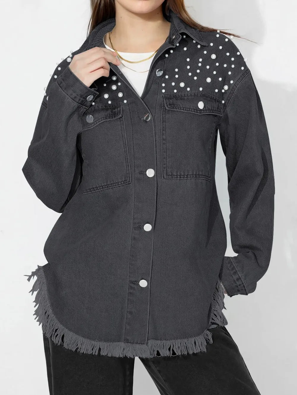 Raw Hem Pearl Trim Collared Neck Denim Top - Lilixa.store