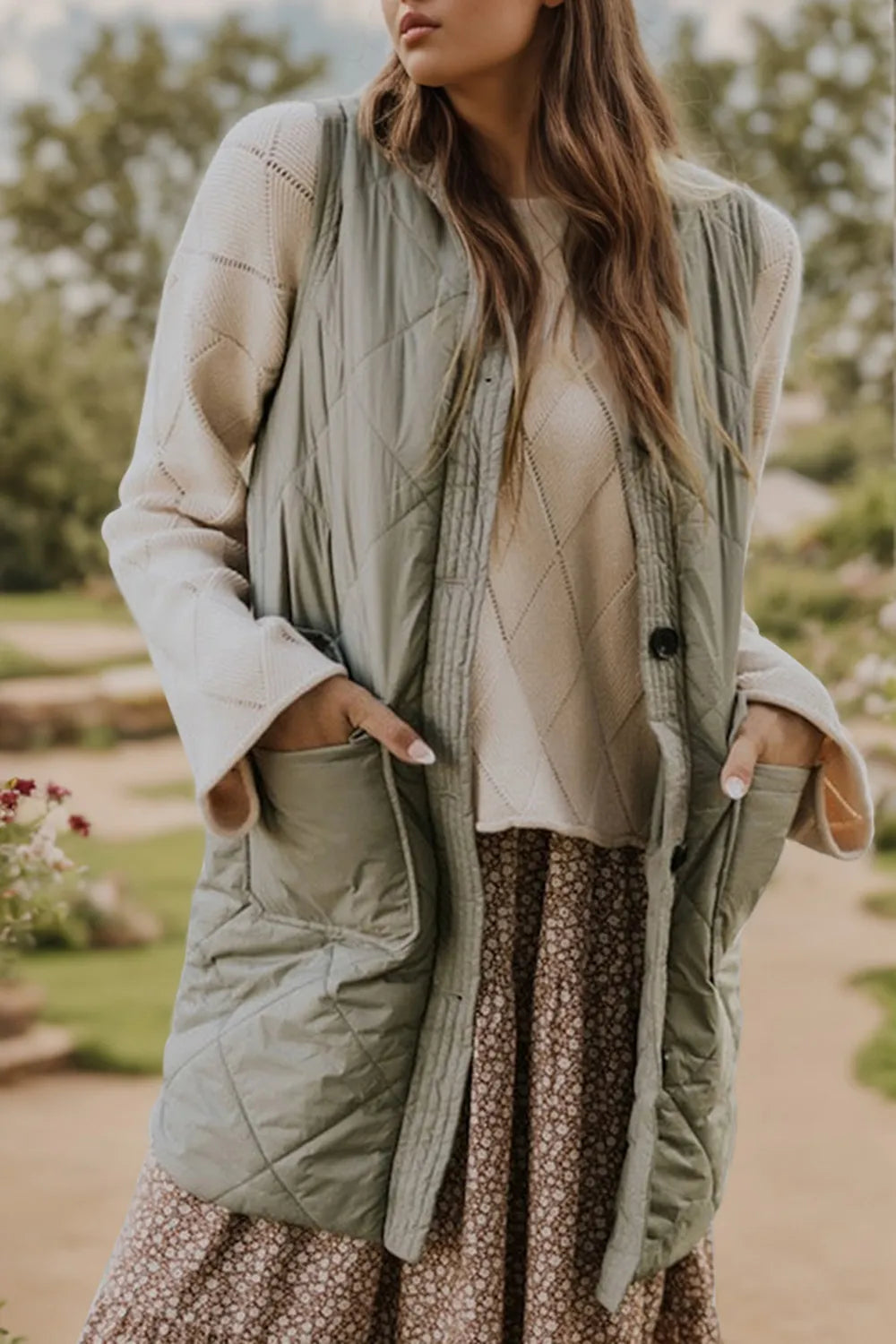 Button Up Pocketed Vest Coat in Sage