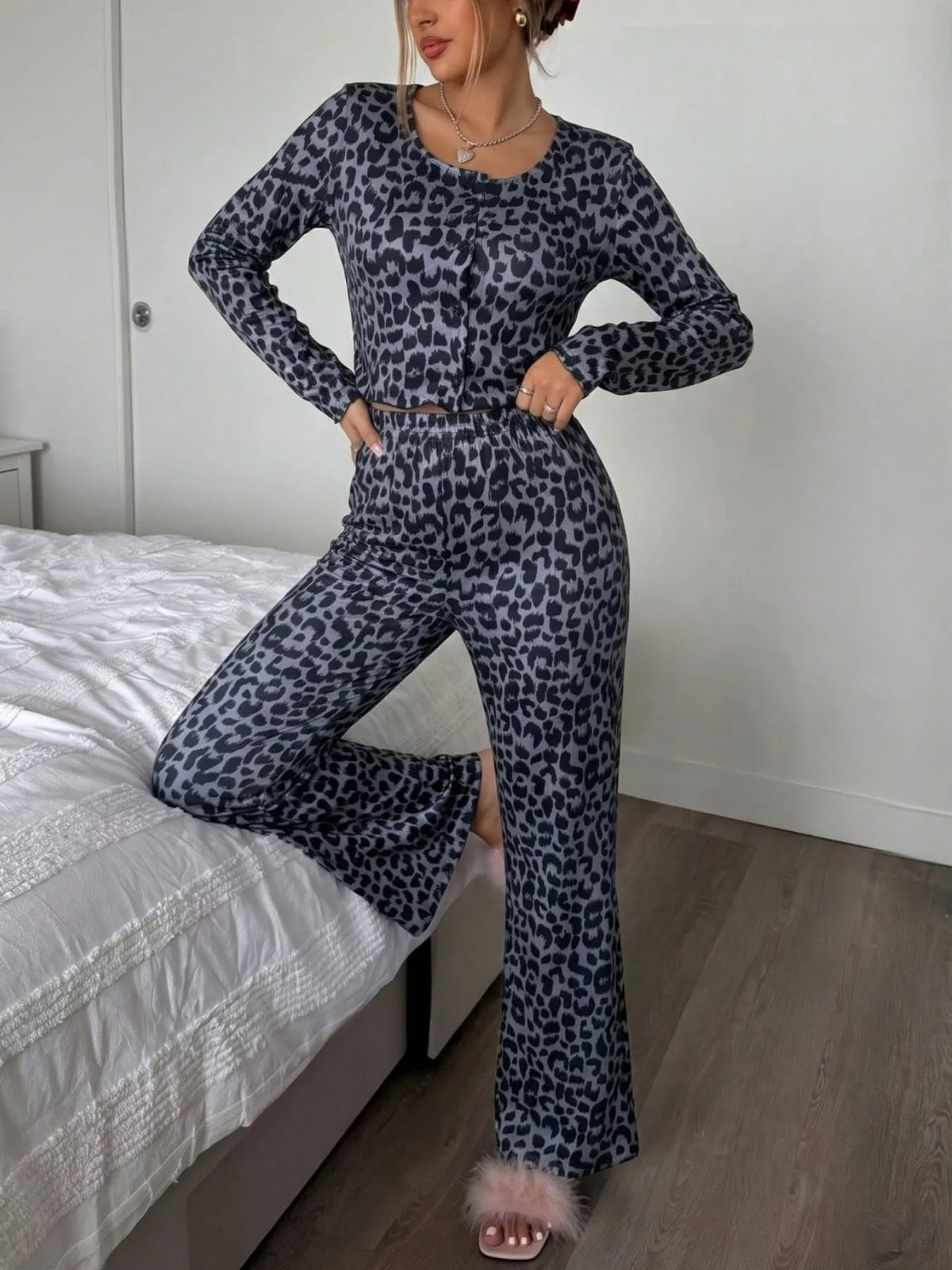 Leopard Print Long Sleeve Top and Pants Lounge Set