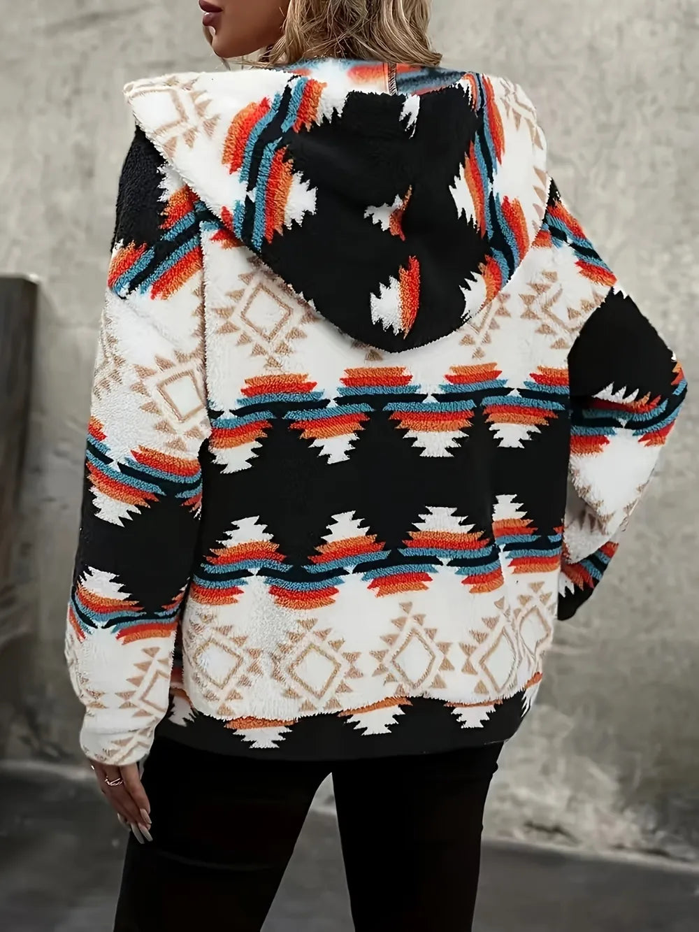 Geometric Zip Up Hooded Sherpa Jacket in Black, view 4