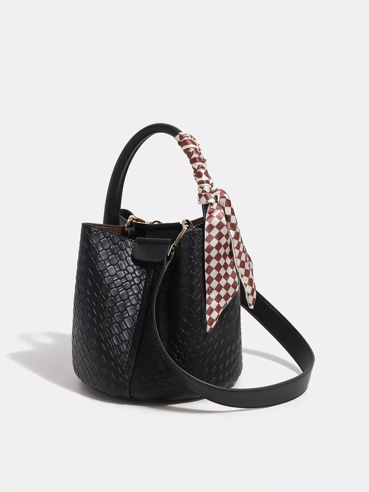 Woven Texture Bucket Handbag with Decorative Scarf in Black, view 4