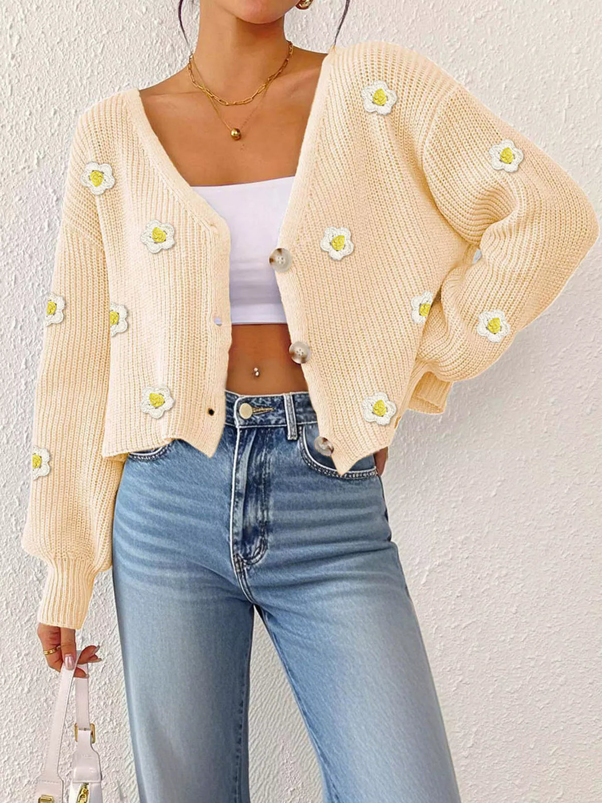 Floral V-Neck Button-Down Cropped Cardigan - Lilixa.store