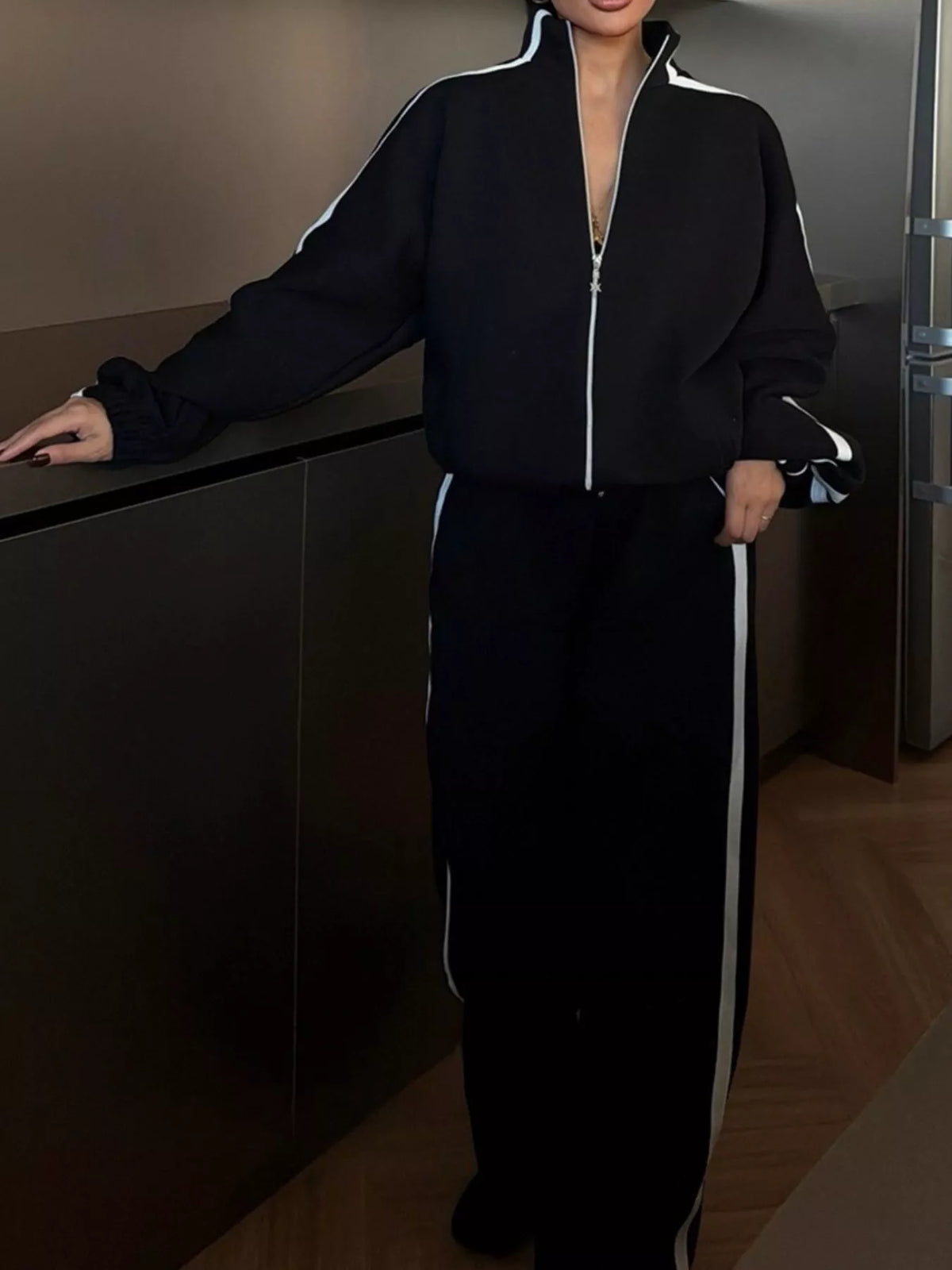 Side Stripes Zip Up Top and Pants Set - Lilixa.store