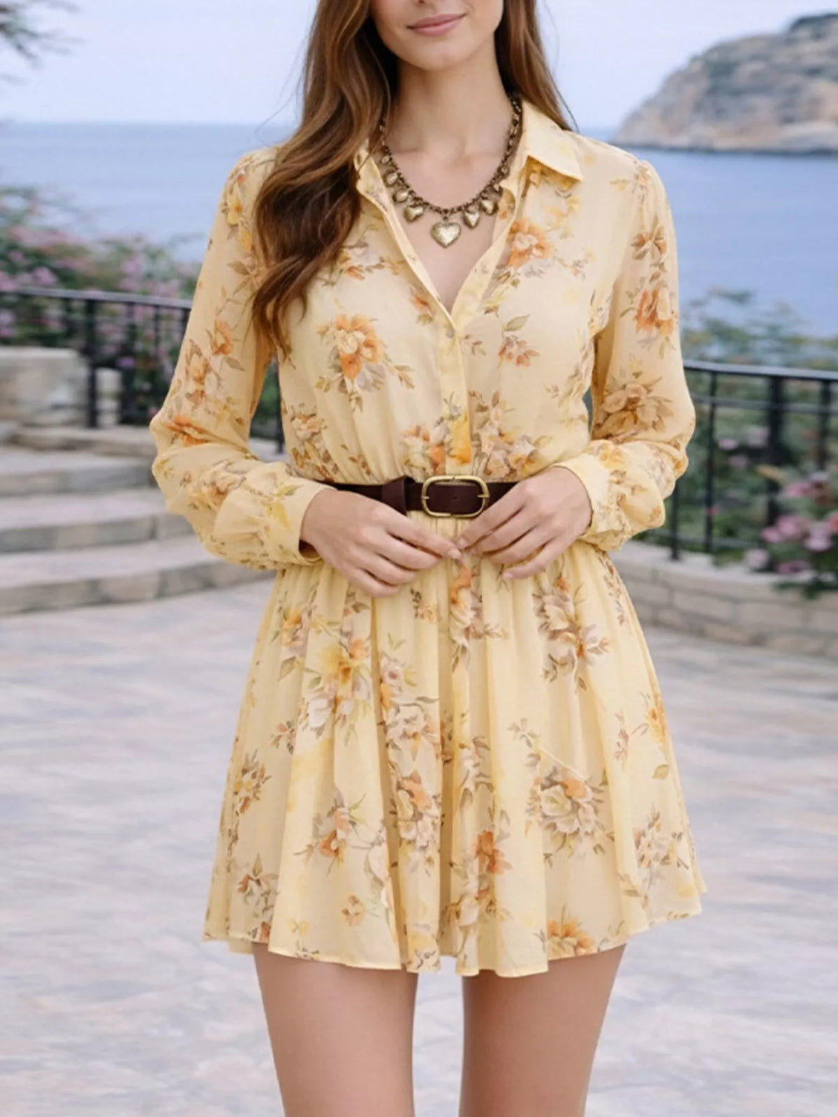 Full Size Floral Print Long Sleeve Shirt Dress Plus Size in Yellow