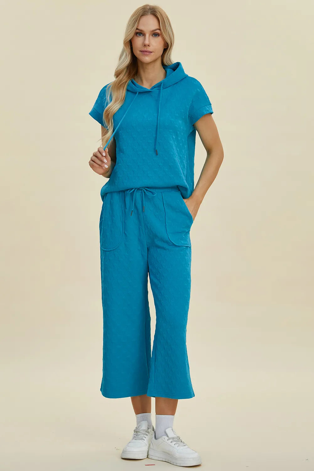Double Take Full Size Texture Drawstring Short Sleeve Hoodie and Pocketed Pants Set, view 3