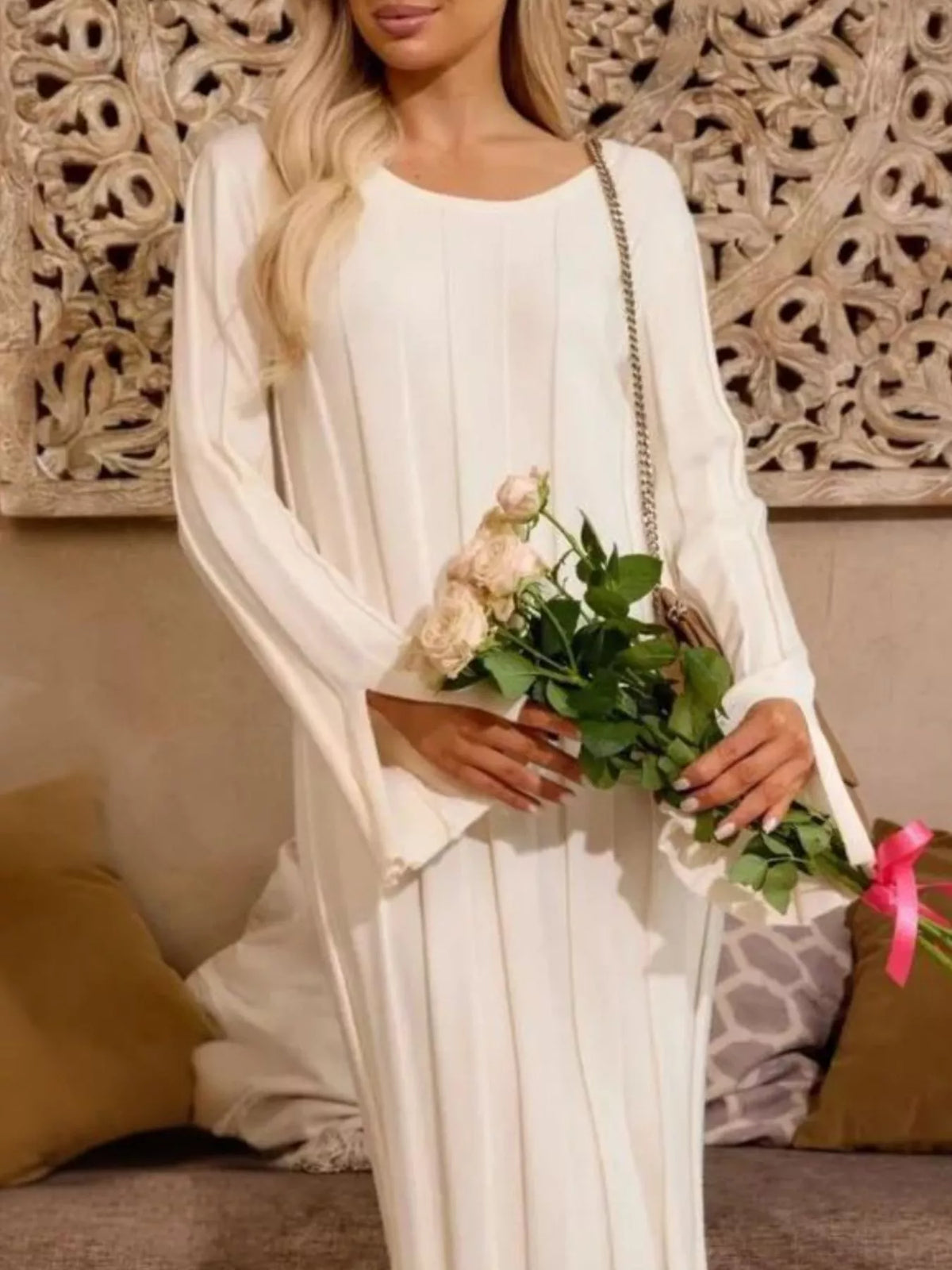Ribbed Knit Slit Sweater Dress in White, view 4