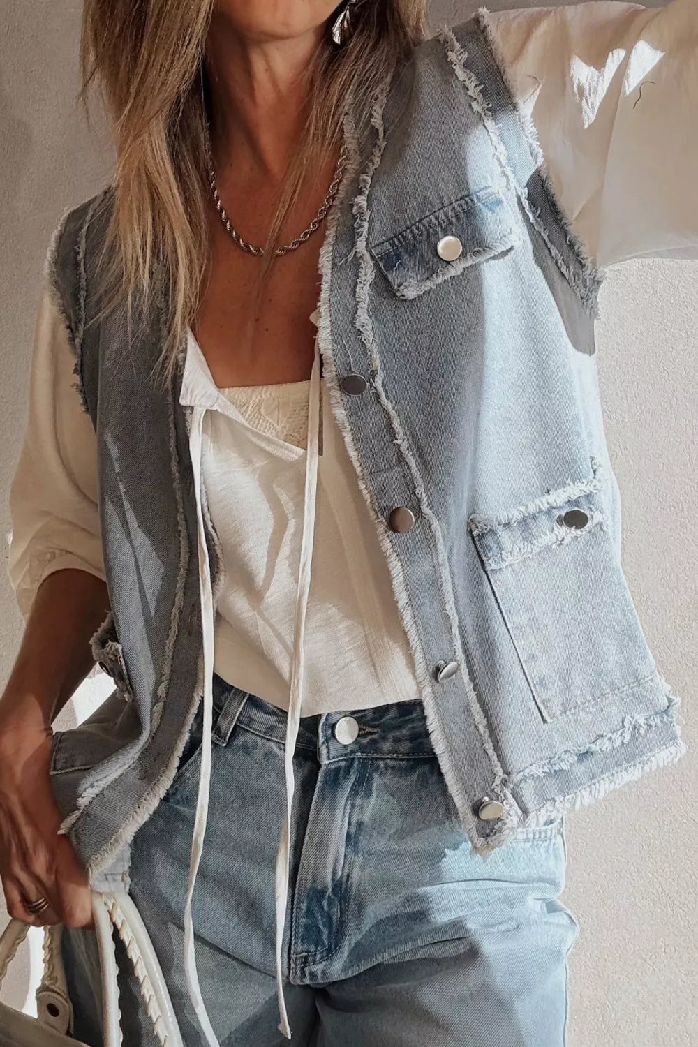 Frayed Edge Flap Pockets Denim Vest Jacket in Light Blue