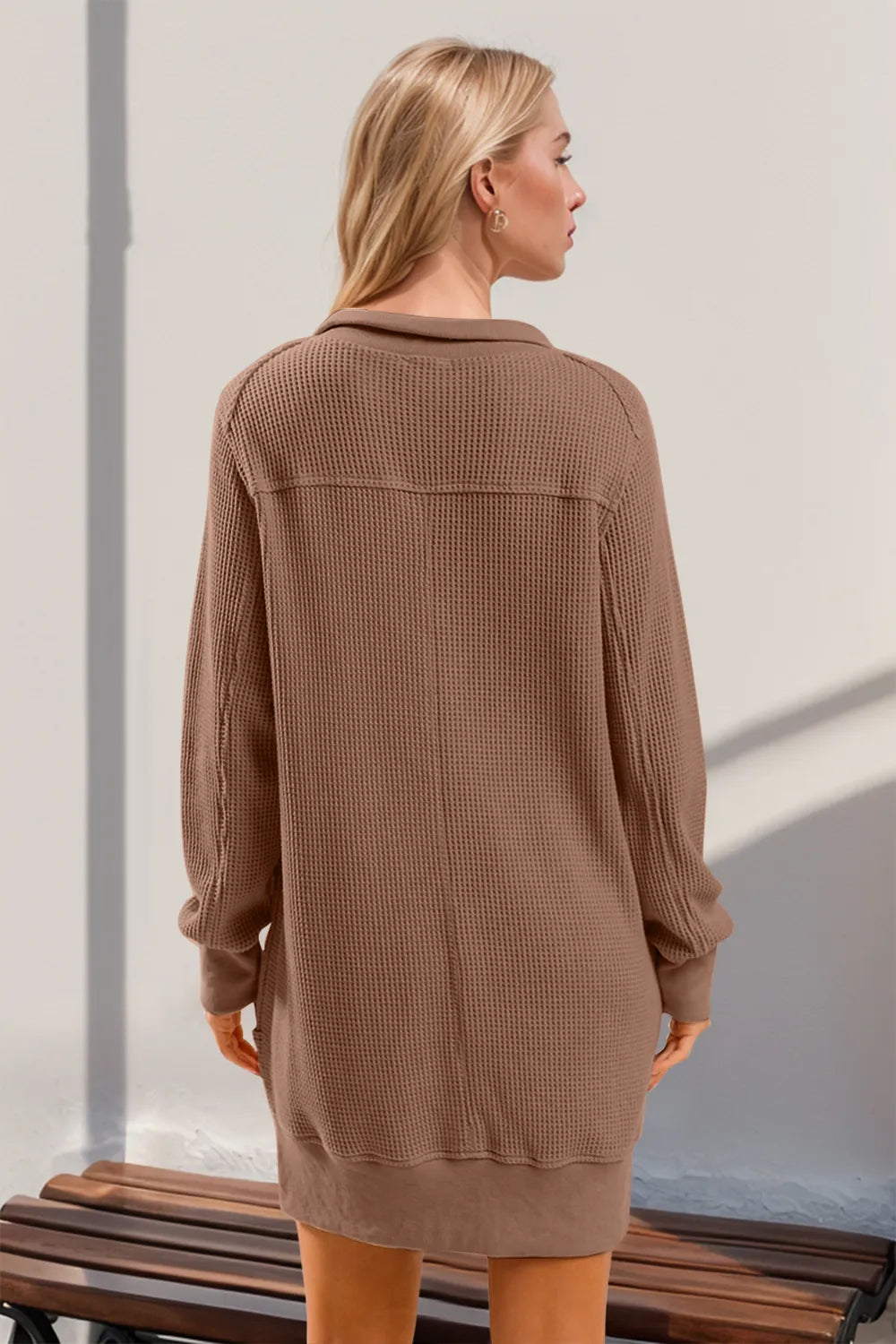 Double Take Waffle Long Sleeve Mini Dress with Pockets in Taupe, view 2