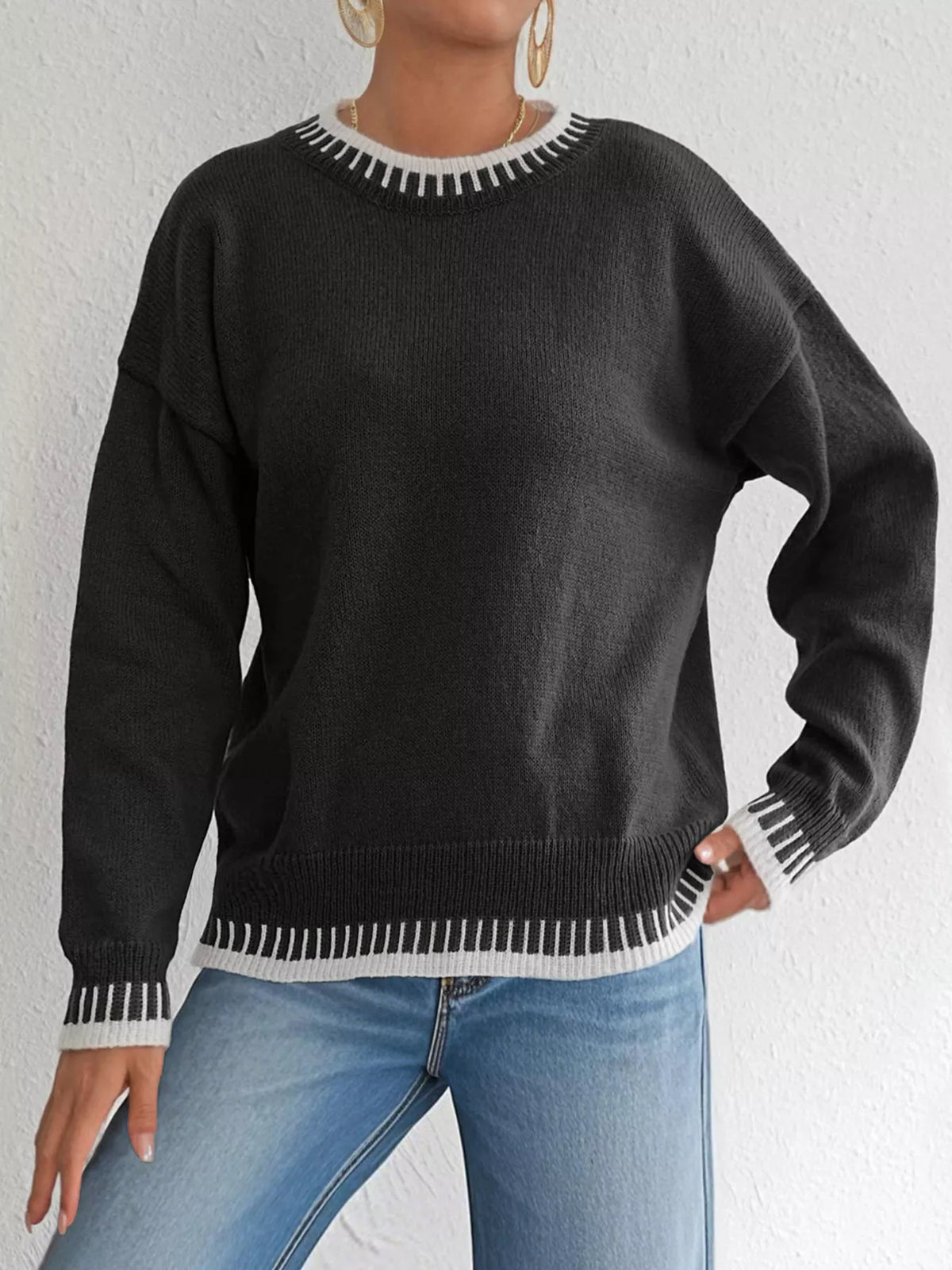 Contrast Trim Crew Neck Drop Shoulder Sweater - Lilixa.store