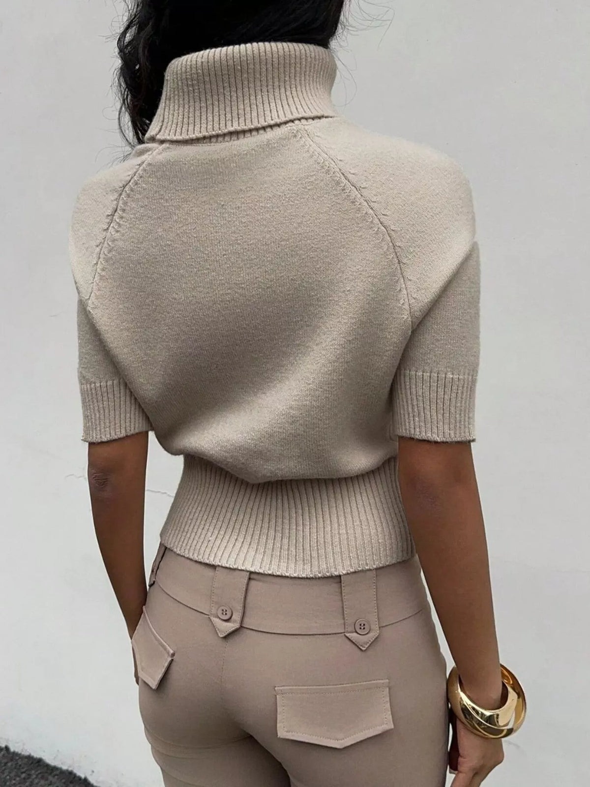 Turtleneck Short-Sleeve Cropped Sweater in Apricot Color, view 5