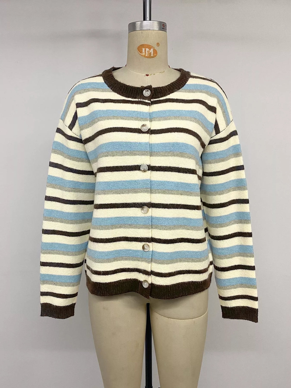 Striped Crew Neck Button-Down Cardigan - Lilixa.store