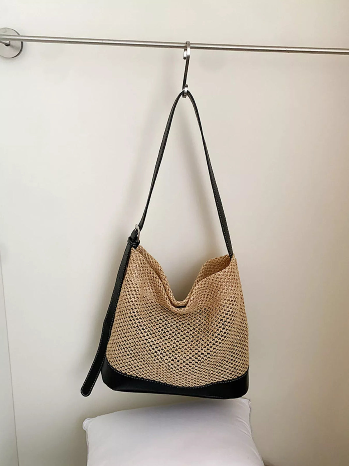 Leather Trim Woven Shoulder Bag - Lilixa.store