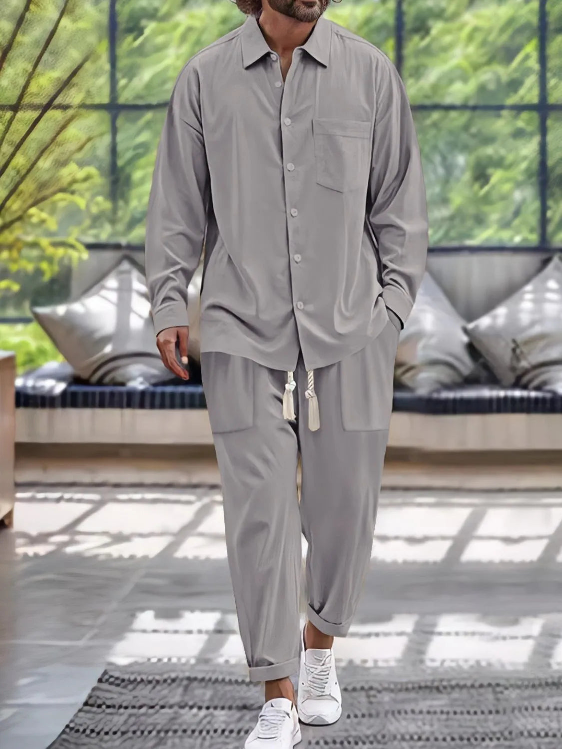 Men's Button Down Long Sleeve Shirt and Pants Set in Gray