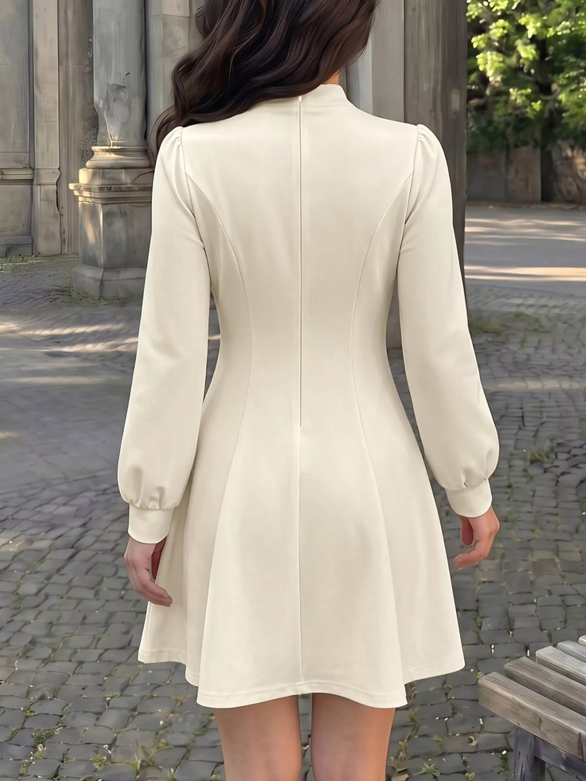 Keyhole Neckline Long Sleeve A-Line Mini Dress in Apricot, view 6