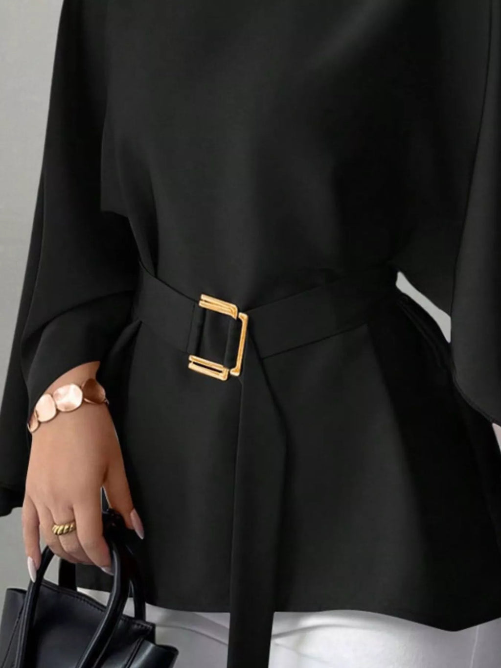 Round Neck Belt Batwing Sleeve Blouse - Lilixa.store