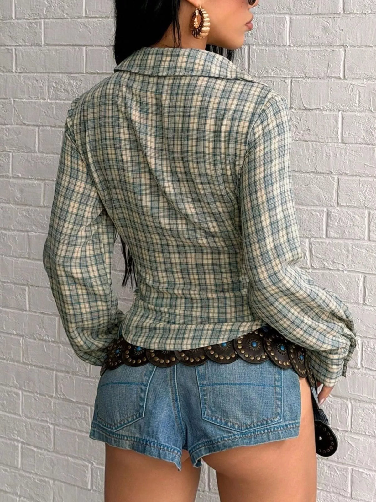 Plaid Deep V-Neck Long Sleeve Slim Fit Blouse in Blue, view 5