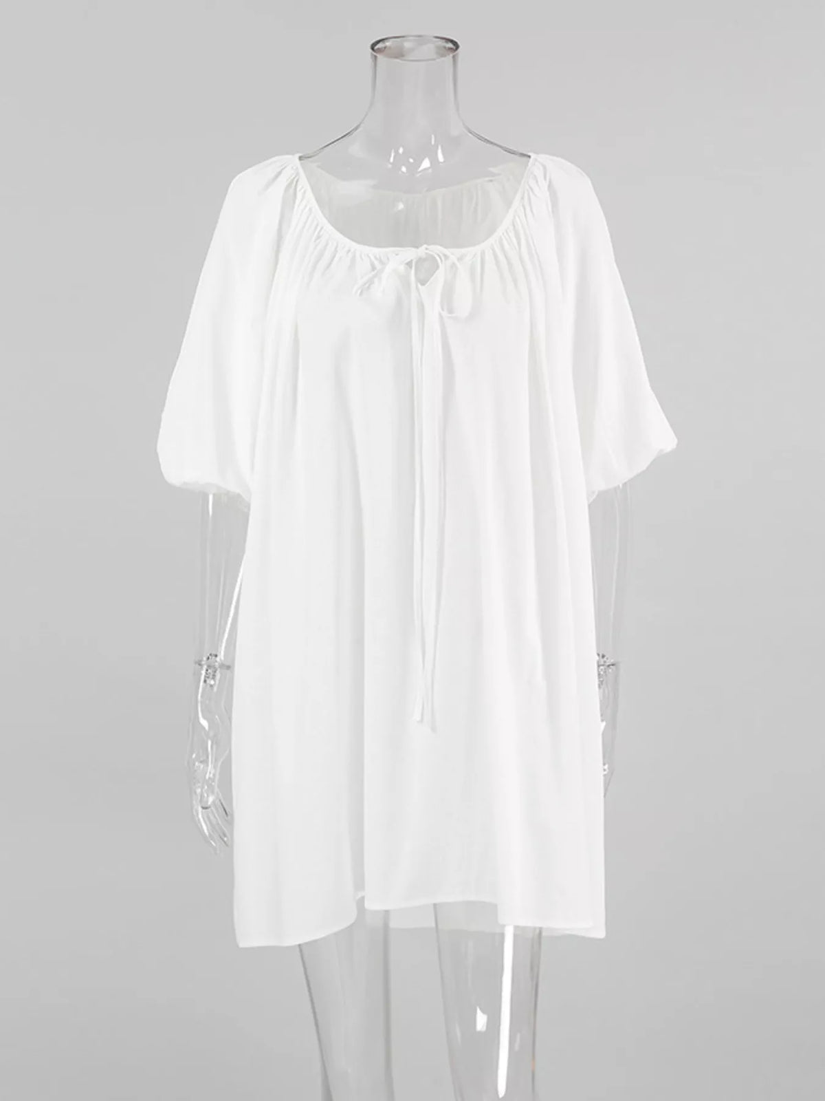 Tie Neck Puff Sleeve Lounge Dress in White, view 4