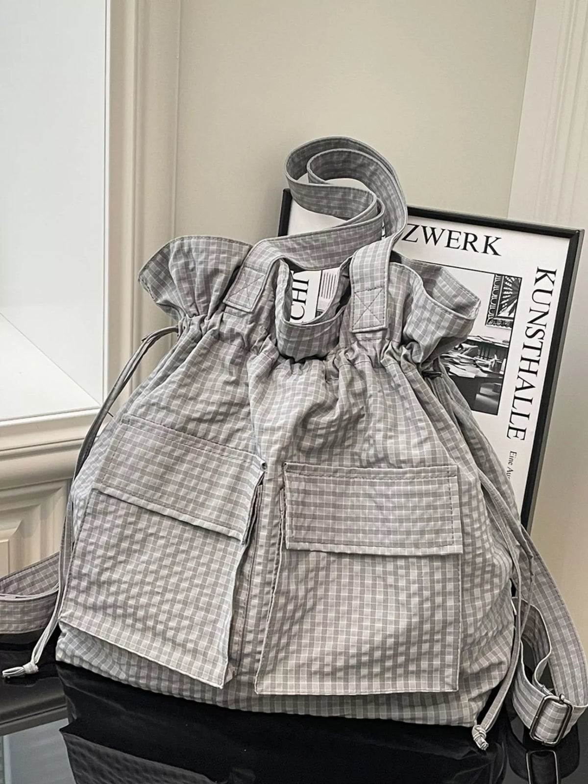 Convertible Plaid Drawstring Backpack Bag - Lilixa.store