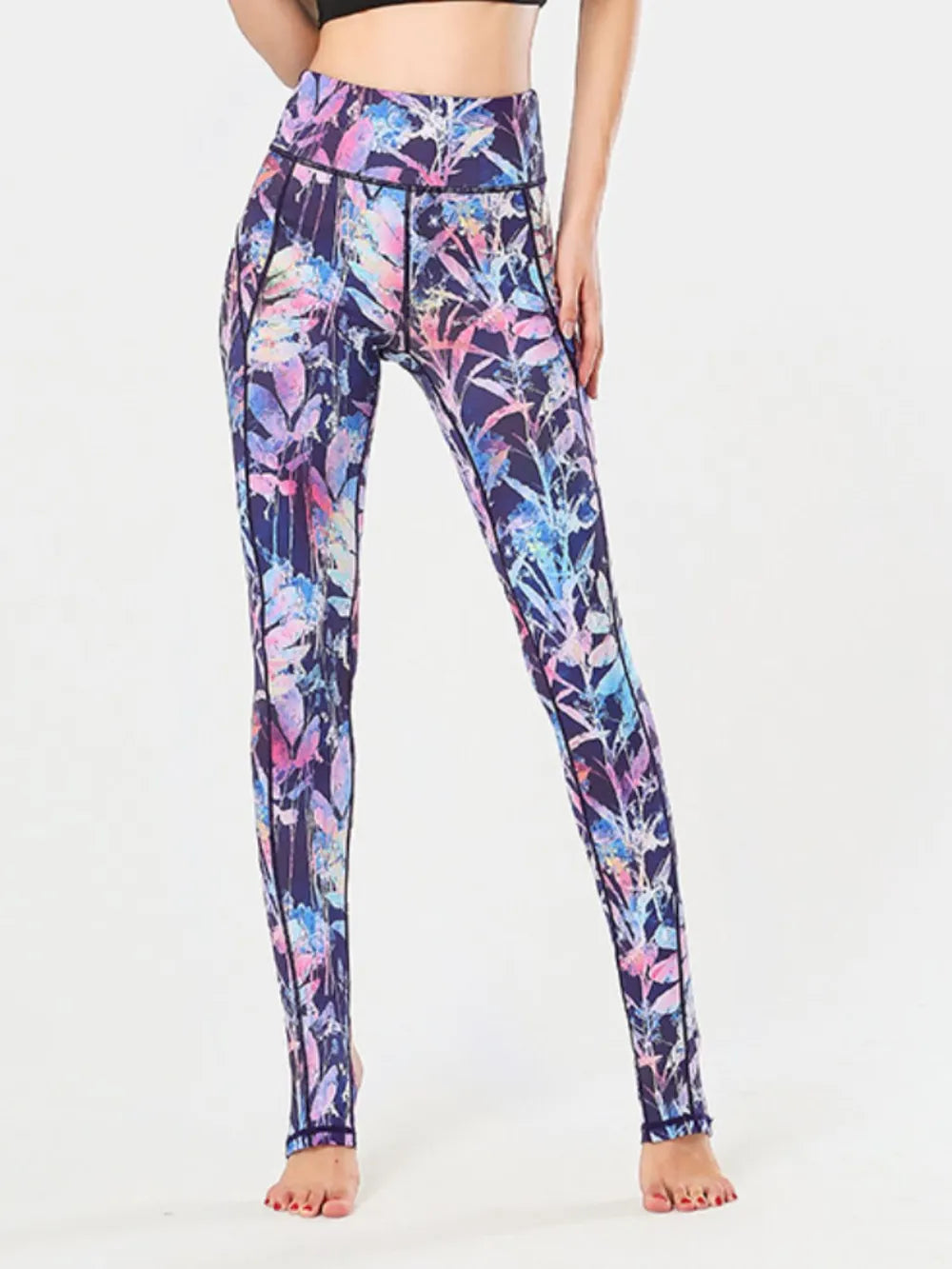 Printed Wide Waistband Active Leggings with Stirrups - Lilixa.store